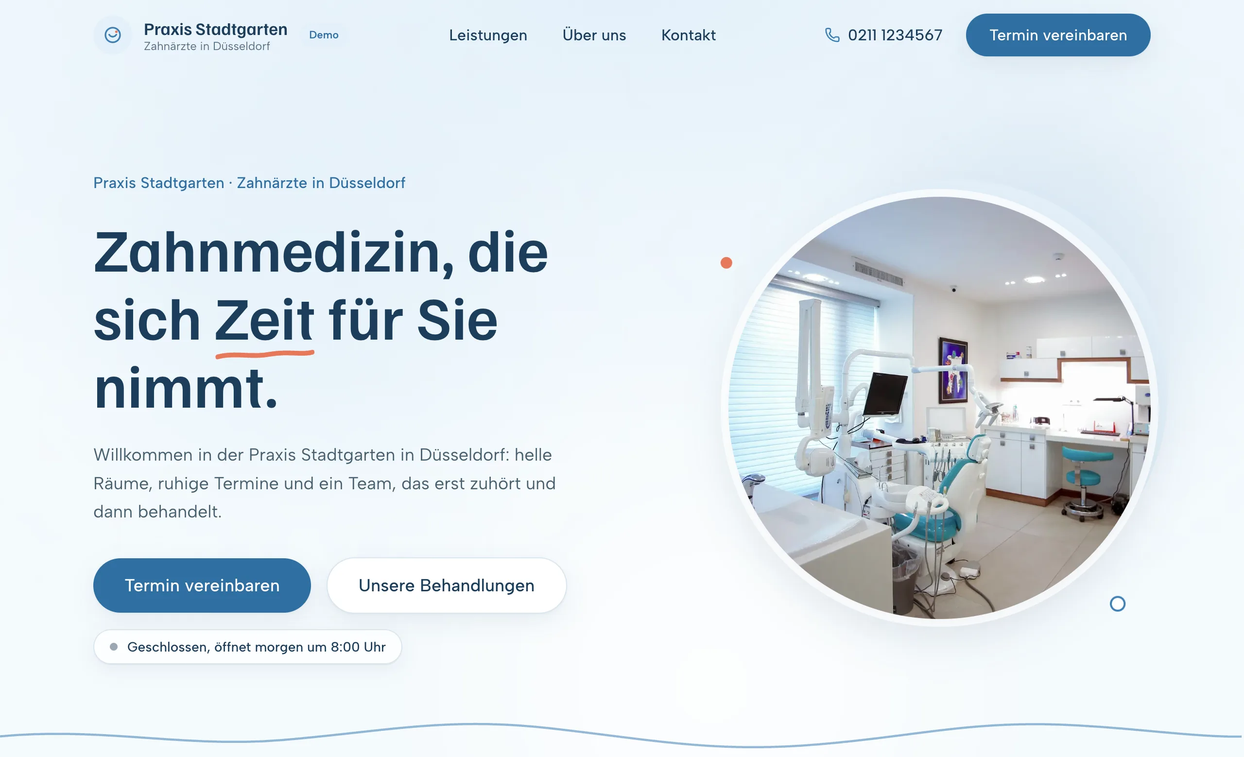 Startseite der Musterpraxis Praxis Stadtgarten in der Desktop-Ansicht
